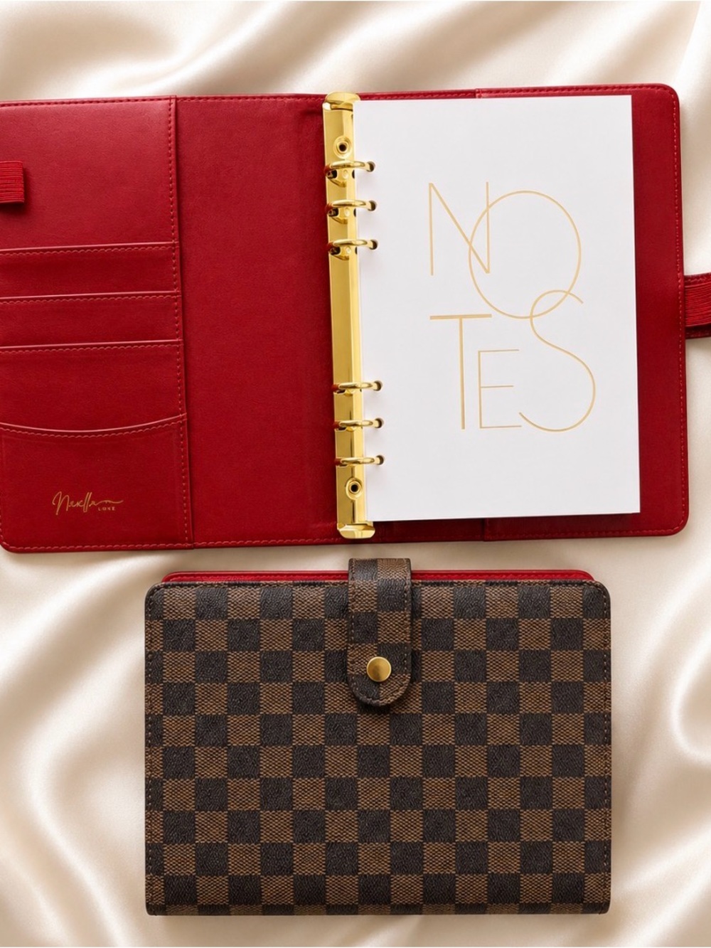 Red Leather Notebook Laptop Case with Brown Check Pattern Cover